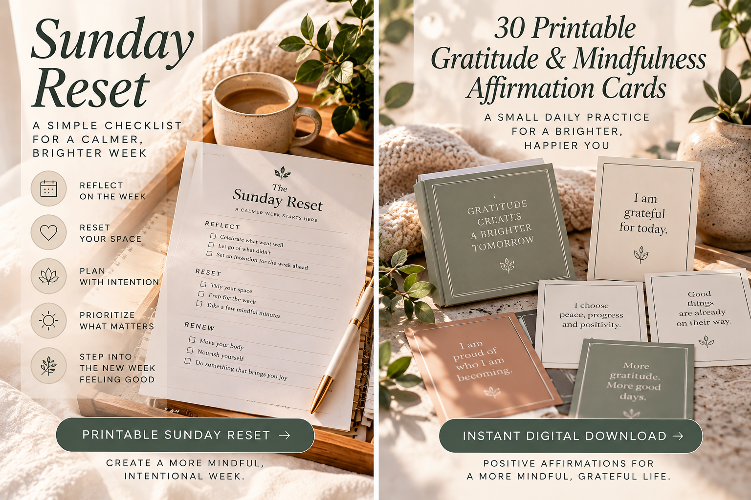 Sunday Reset printable and gratitude affirmation cards in cream, sage, and terracotta